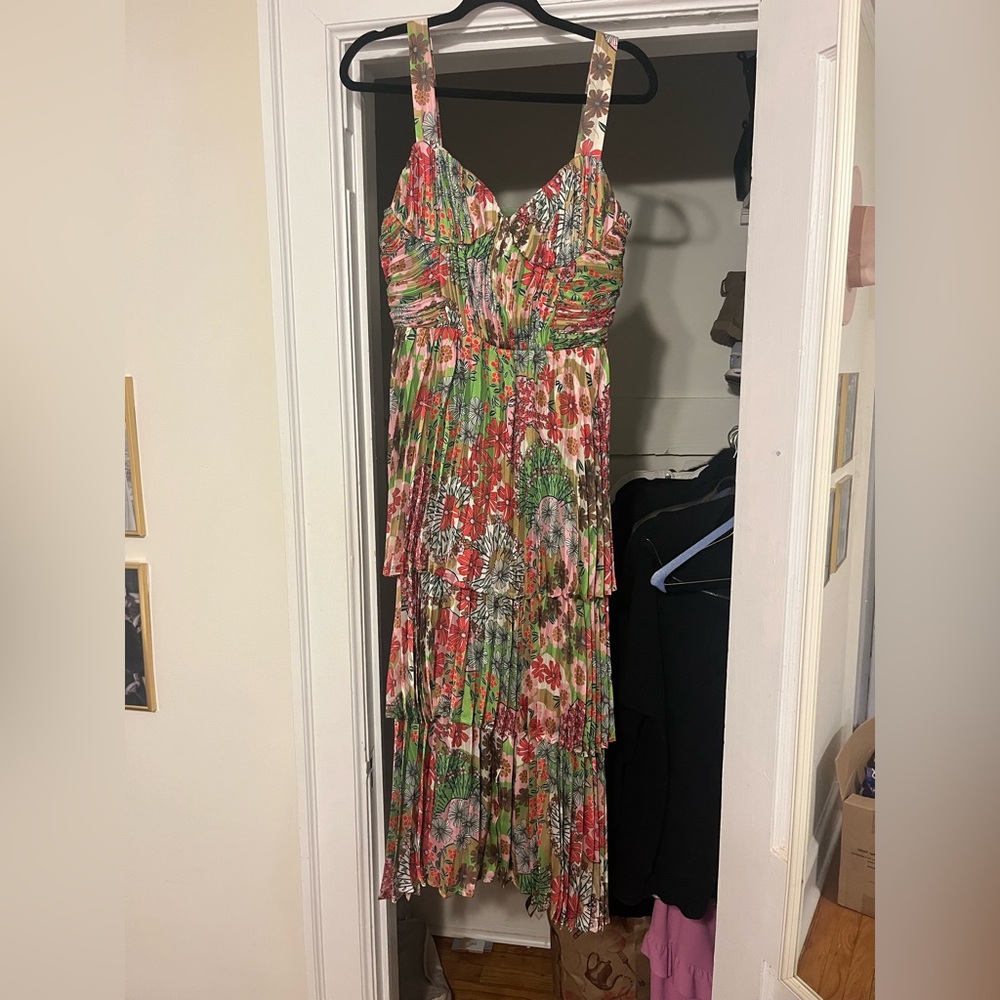 Green and Orange Pleated Maxi Sundress for Wedding Guest